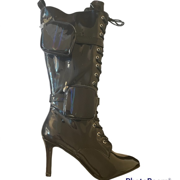 D-K BLACK HOLOGRAPHIC HEELED BOOTS BNIB - Picture 2 of 6